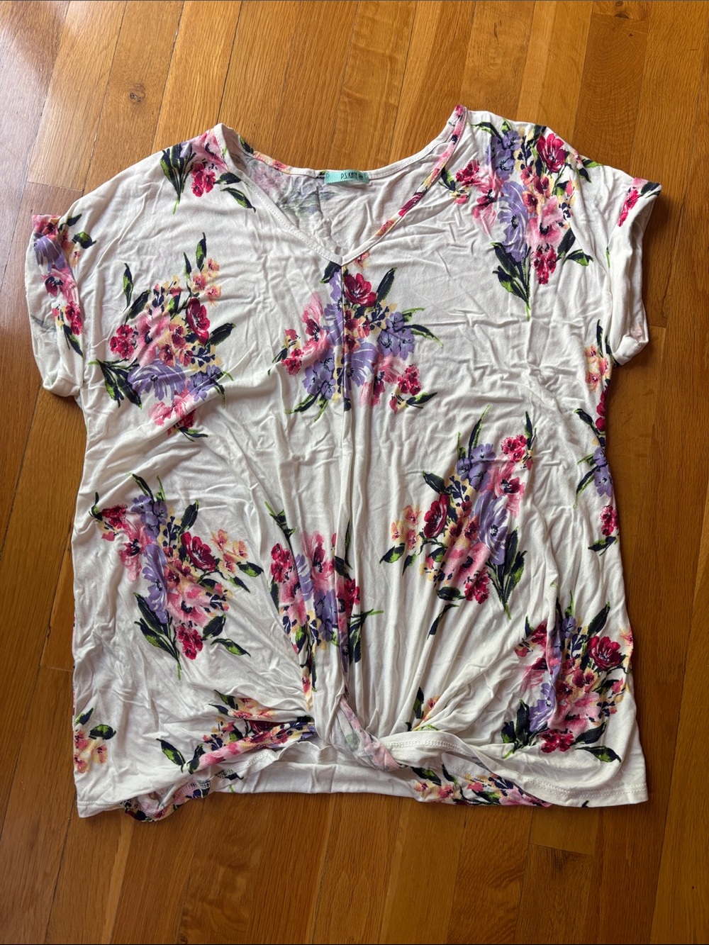 Knot-Front V-Neck Floral Tee - White with Pink & Purple